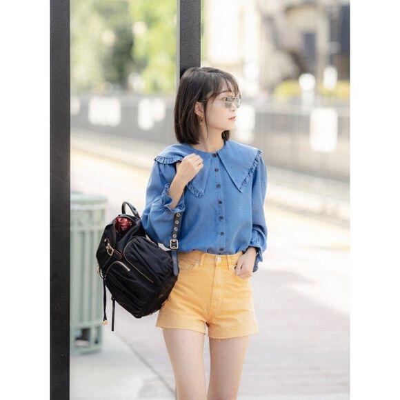 ZARA DENIM CHAMBRAY COLLARED BLOUSE TOP - Picture 3 of 10